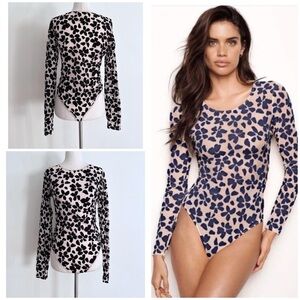 NWT Victoria’s Secret Floral Velvet Appliqué Semi Sheer Long Sleeves Bodysuit M‌